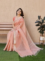 Thumbnail for Jyoti Fashion Women's Peach Soft Tissue Linen Silk Zari Woven Saree with Blouse - Distacart