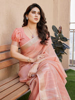 Thumbnail for Jyoti Fashion Women's Peach Soft Tissue Linen Silk Zari Woven Saree with Blouse - Distacart