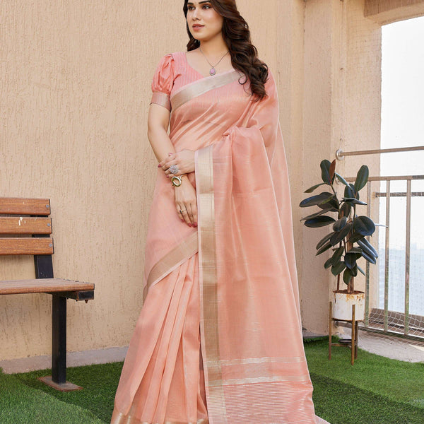 Jyoti Fashion Women's Peach Soft Tissue Linen Silk Zari Woven Saree with Blouse - Distacart