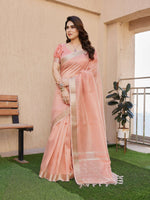 Thumbnail for Jyoti Fashion Women's Peach Soft Tissue Linen Silk Zari Woven Saree with Blouse - Distacart