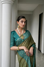 Thumbnail for Jyoti Fashion Women's Mehendi Soft Tussar Silk Ikkat Printed Saree with Blouse - Distacart