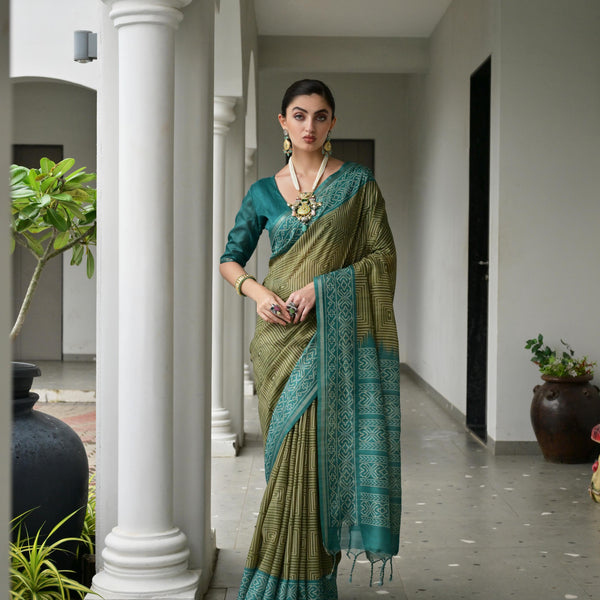 Jyoti Fashion Women's Mehendi Soft Tussar Silk Ikkat Printed Saree with Blouse - Distacart