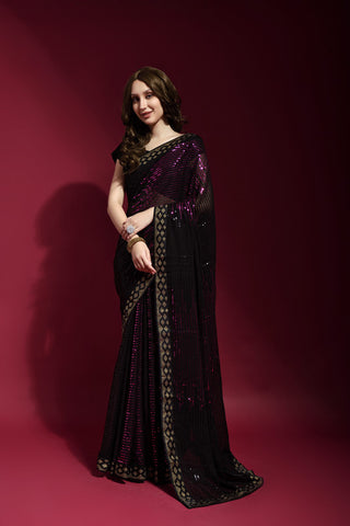 Jyoti Fashion Women's Wine Sequence Embroidery Georgette Saree with Blouse - Distacart
