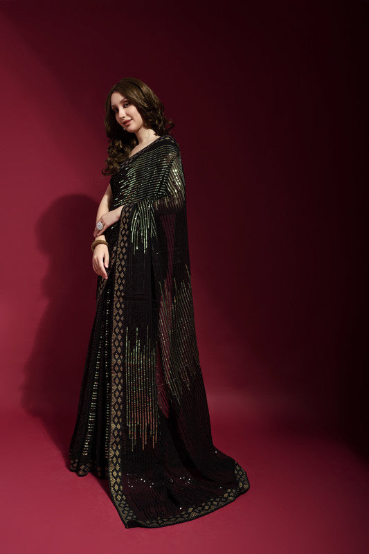 Jyoti Fashion Women's Black Sequence Embroidery Georgette Saree with Blouse - Distacart