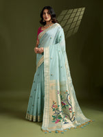 Thumbnail for Jyoti Fashion Women's Sky Blue Soft Muga Cotton Paithani Zari Woven Saree with Blouse - Distacart