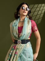 Thumbnail for Jyoti Fashion Women's Sky Blue Soft Muga Cotton Paithani Zari Woven Saree with Blouse - Distacart