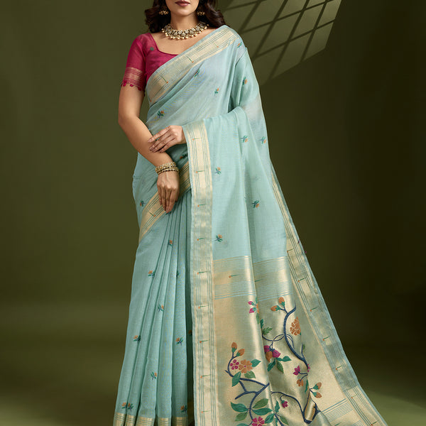 Jyoti Fashion Women's Sky Blue Soft Muga Cotton Paithani Zari Woven Saree with Blouse - Distacart