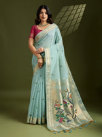 Thumbnail for Jyoti Fashion Women's Sky Blue Soft Muga Cotton Paithani Zari Woven Saree with Blouse - Distacart