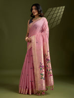 Thumbnail for Jyoti Fashion Women's Pink Soft Muga Cotton Paithani Zari Woven Saree with Blouse - Distacart