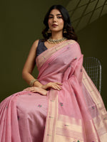 Thumbnail for Jyoti Fashion Women's Pink Soft Muga Cotton Paithani Zari Woven Saree with Blouse - Distacart