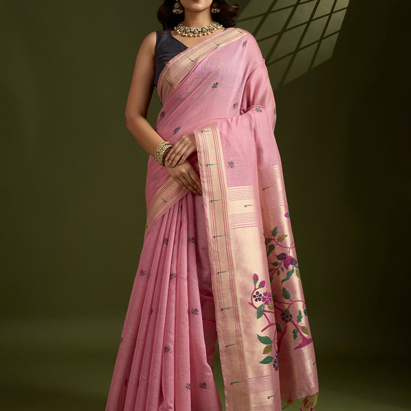 Jyoti Fashion Women's Pink Soft Muga Cotton Paithani Zari Woven Saree with Blouse - Distacart