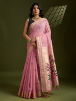 Thumbnail for Jyoti Fashion Women's Pink Soft Muga Cotton Paithani Zari Woven Saree with Blouse - Distacart