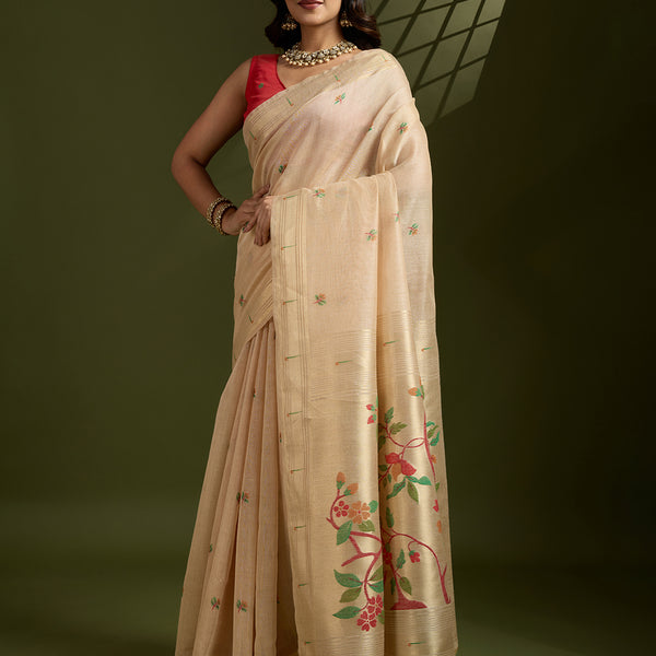 Jyoti Fashion Women's Cream Soft Muga Cotton Paithani Zari Woven Saree with Blouse - Distacart