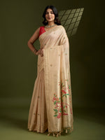 Thumbnail for Jyoti Fashion Women's Cream Soft Muga Cotton Paithani Zari Woven Saree with Blouse - Distacart