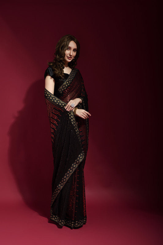 Jyoti Fashion Women's Maroon Sequence Embroidery Georgette Saree with Blouse - Distacart