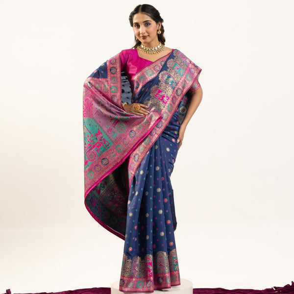 Jyoti Fashion Women's Navy Blue Banarasi Pashmina Soft Silk Zari Woven Saree with Blouse - Distacart