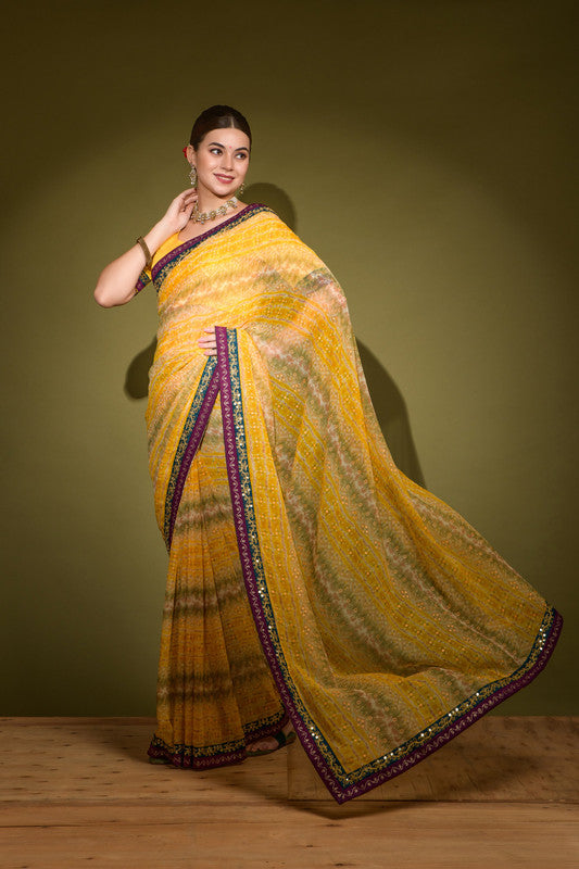 Jyoti Fashion Women's Yellow Foil Print with Sequence Georgette Saree with Blouse - Distacart