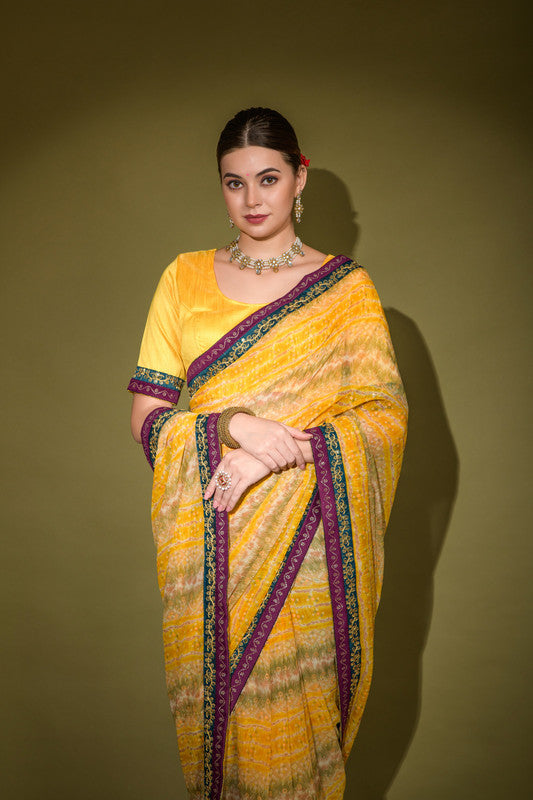 Jyoti Fashion Women's Yellow Foil Print with Sequence Georgette Saree with Blouse - Distacart