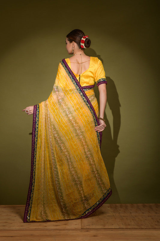 Jyoti Fashion Women's Yellow Foil Print with Sequence Georgette Saree with Blouse - Distacart