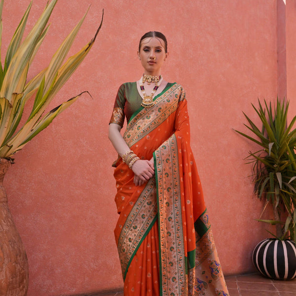 Jyoti Fashion Women's Orange Paithani Silk Zari Woven Saree with Blouse - Distacart