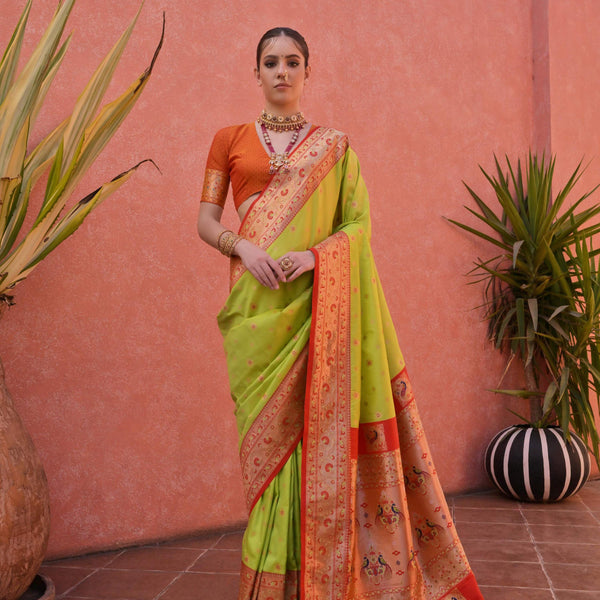 Jyoti Fashion Women's Pista Green Paithani Silk Zari Woven Saree with Blouse - Distacart