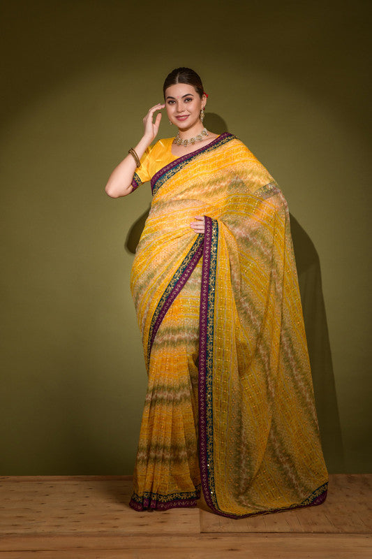 Jyoti Fashion Women's Yellow Foil Print with Sequence Georgette Saree with Blouse - Distacart