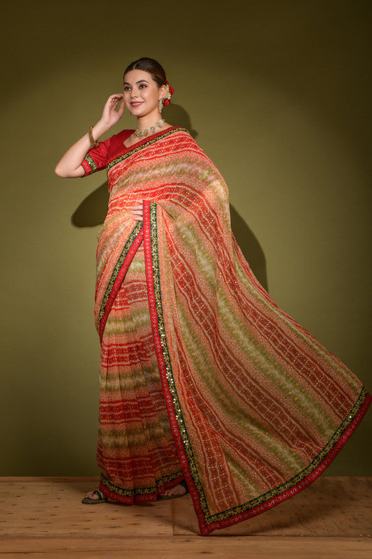 Jyoti Fashion Women's Red Foil Print with Sequence Georgette Saree with Blouse - Distacart