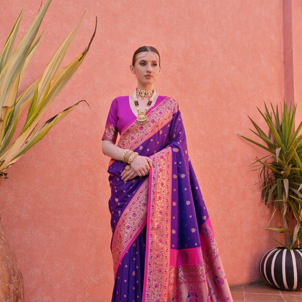 Jyoti Fashion Women's Royal Blue Paithani Silk Zari Woven Saree with Blouse - Distacart