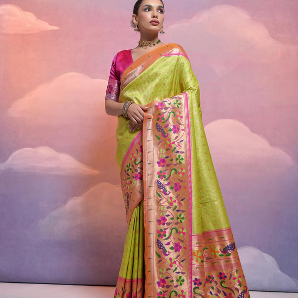 Jyoti Fashion Women's Parrot Green Paithani Silk Zari Woven Saree with Blouse - Distacart