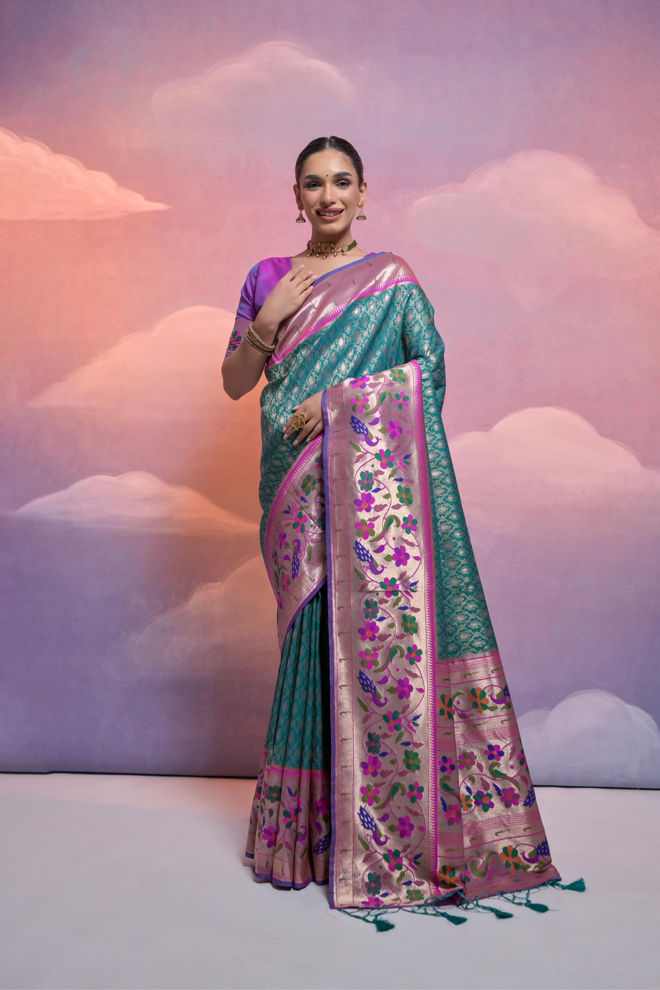Jyoti Fashion Women's Rama Paithani Silk Zari Woven Saree with Blouse - Distacart