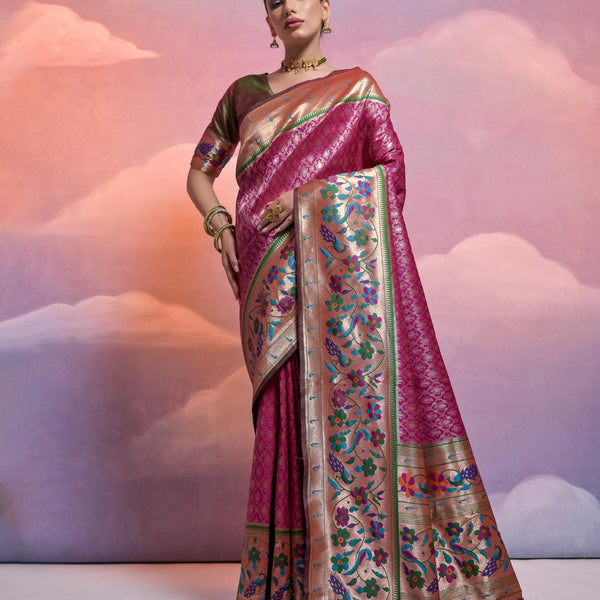 Jyoti Fashion Women's Wine Paithani Silk Zari Woven Saree with Blouse - Distacart