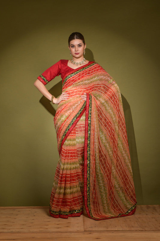 Jyoti Fashion Women's Red Foil Print with Sequence Georgette Saree with Blouse - Distacart