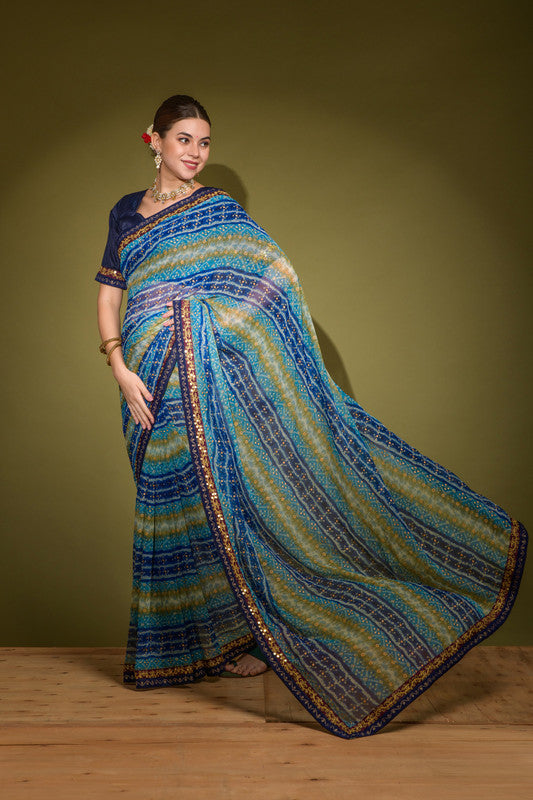 Jyoti Fashion Women's Blue Foil Print with Sequence Georgette Saree with Blouse - Distacart