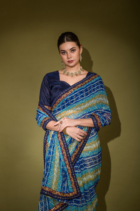 Jyoti Fashion Women's Blue Foil Print with Sequence Georgette Saree with Blouse - Distacart