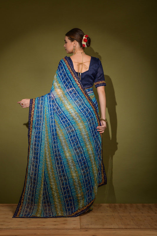 Jyoti Fashion Women's Blue Foil Print with Sequence Georgette Saree with Blouse - Distacart
