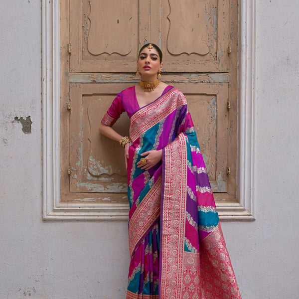 Jyoti Fashion Women's Multicolor Banarasi Silk Zari Woven Saree with Blouse - Distacart