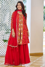 Thumbnail for Jyoti Fashion Red Faux Georgette Embroidered Designer Kurta Set with Dupatta - Distacart