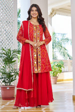 Thumbnail for Jyoti Fashion Red Faux Georgette Embroidered Designer Kurta Set with Dupatta - Distacart