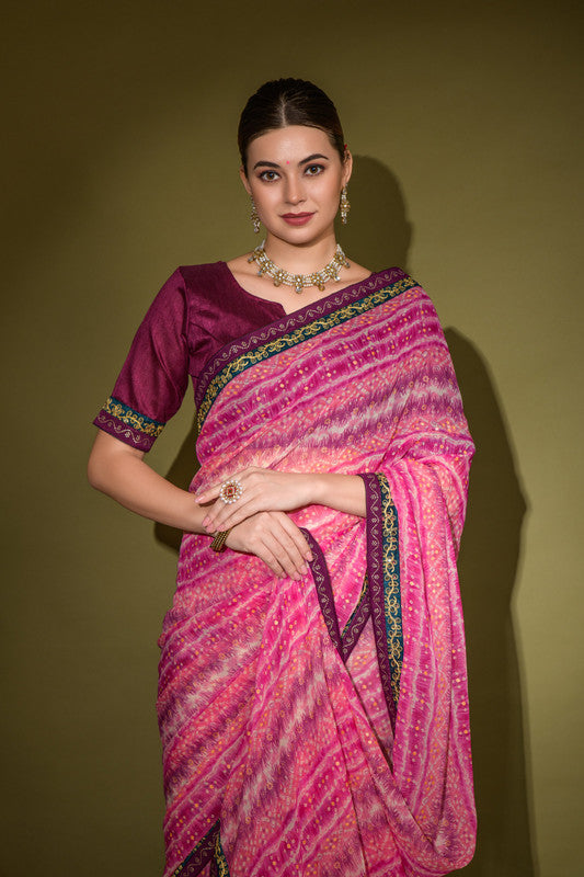 Jyoti Fashion Women's Pink Foil Print with Sequence Georgette Saree with Blouse - Distacart