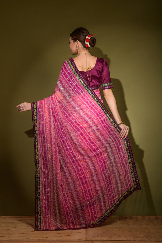 Jyoti Fashion Women's Pink Foil Print with Sequence Georgette Saree with Blouse - Distacart