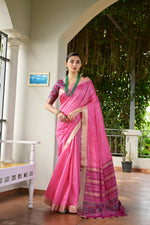 Thumbnail for Jyoti Fashion Women's Pink Khadi Raw Silk Meena Weaving Patola Saree with Blouse - Distacart