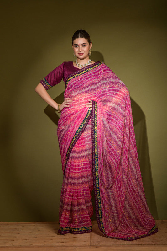 Jyoti Fashion Women's Pink Foil Print with Sequence Georgette Saree with Blouse - Distacart