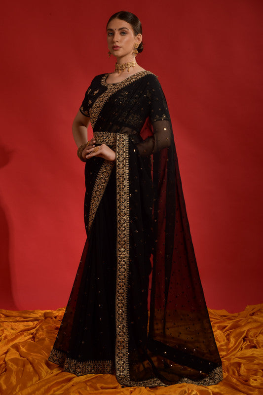 Jyoti Fashion Women's Black Sequence Coding Embroidery Georgette Saree with Blouse - Distacart