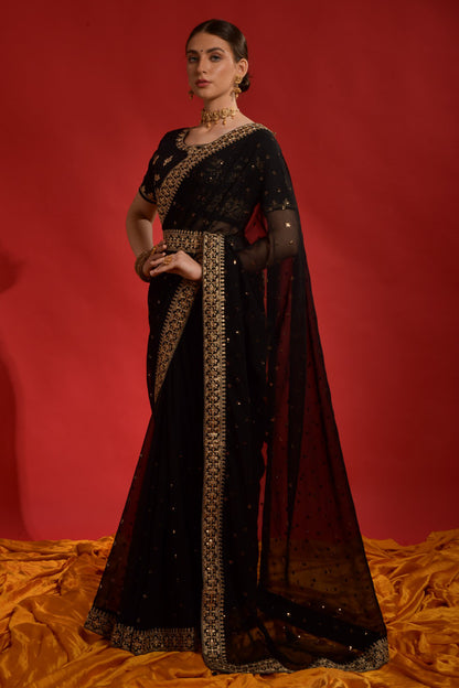 Jyoti Fashion Women's Black Sequence Coding Embroidery Georgette Saree with Blouse - Distacart
