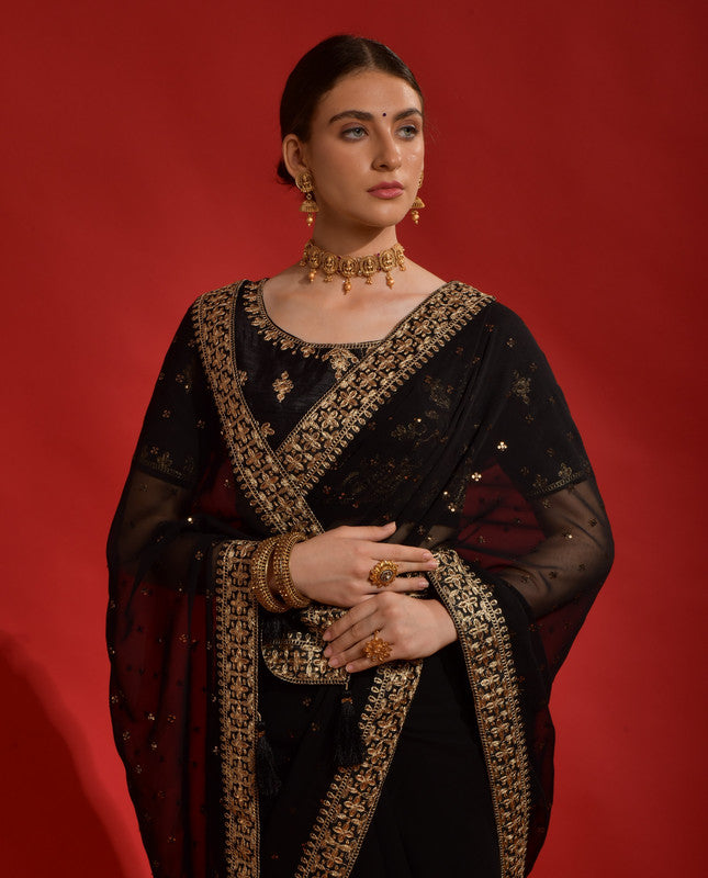 Jyoti Fashion Women's Black Sequence Coding Embroidery Georgette Saree with Blouse - Distacart