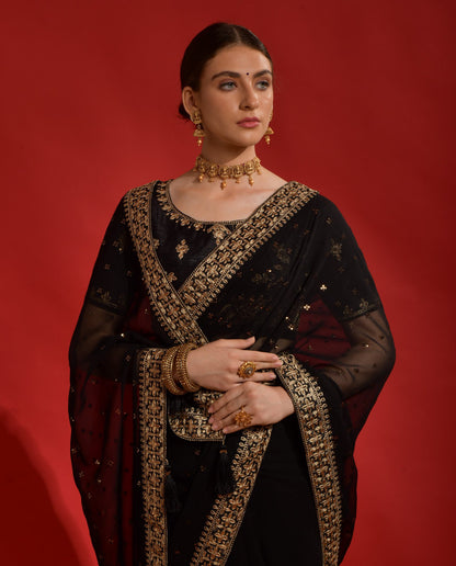 Jyoti Fashion Women's Black Sequence Coding Embroidery Georgette Saree with Blouse - Distacart