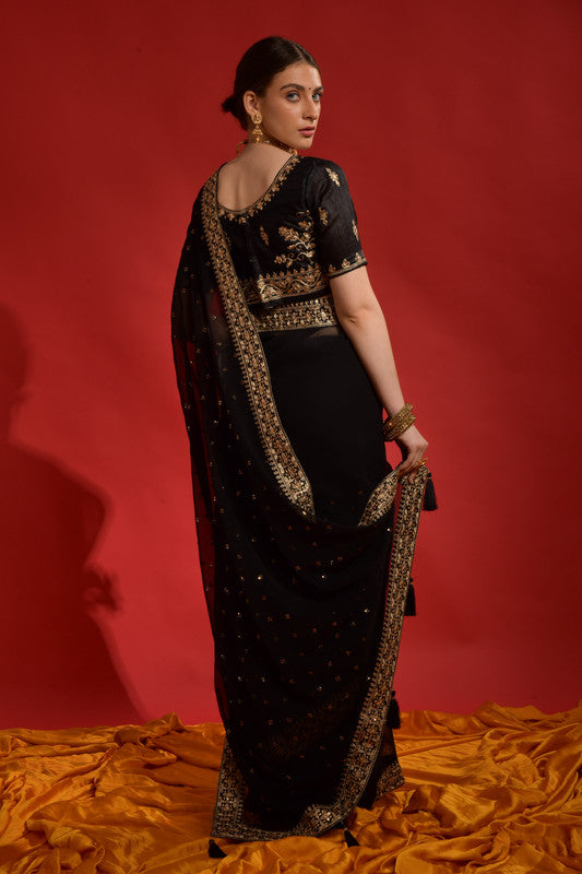 Jyoti Fashion Women's Black Sequence Coding Embroidery Georgette Saree with Blouse - Distacart