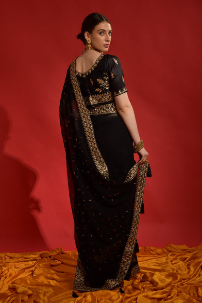 Jyoti Fashion Women's Black Sequence Coding Embroidery Georgette Saree with Blouse - Distacart
