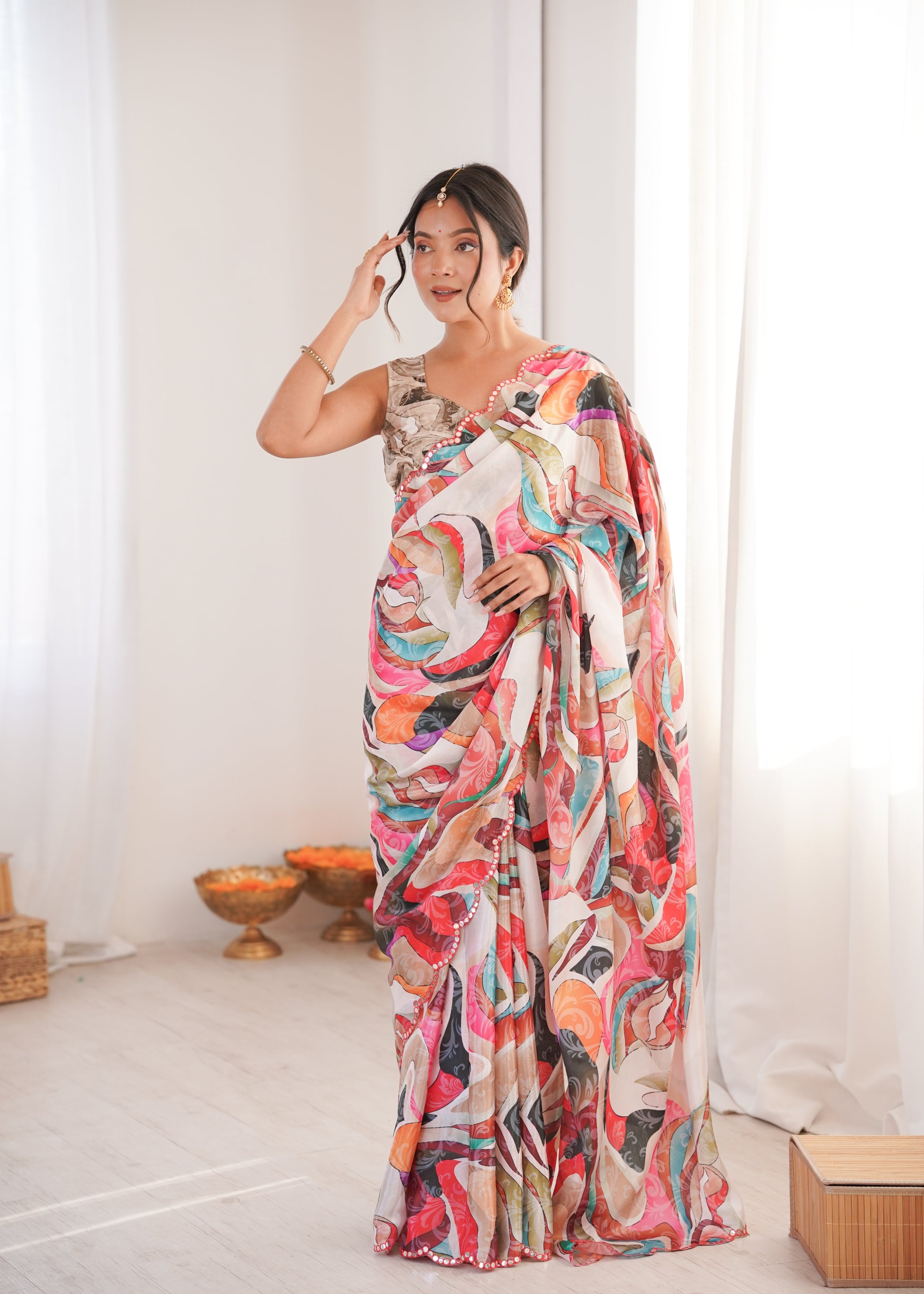 Jyoti Fashion Women's Multicolor Chinon Digital Printed Designer Saree with Blouse - Distacart