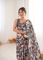 Thumbnail for Jyoti Fashion Women's Black Chinon Digital Printed Designer Saree with Blouse - Distacart
